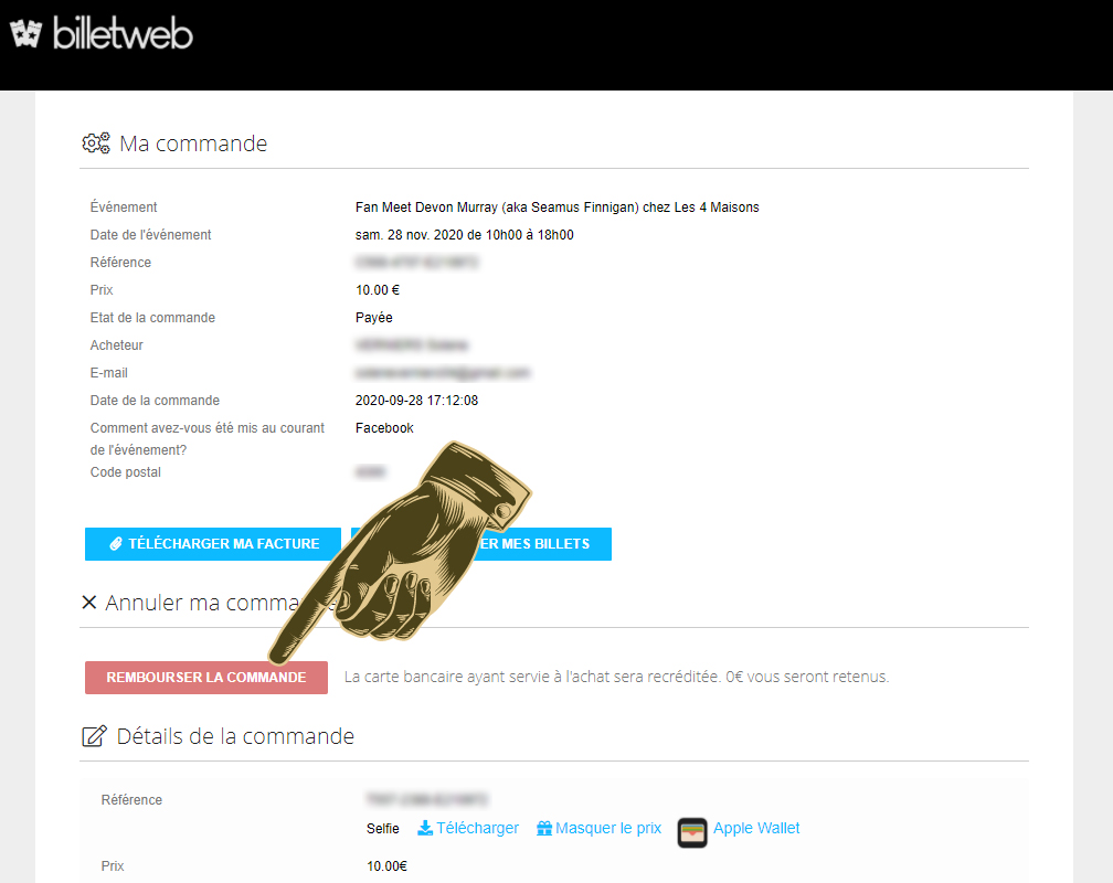 Rembourser la commande.