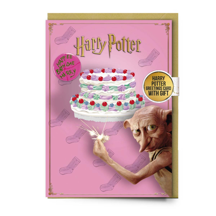 Carte de voeux Dobby + badge Happee Birthdae Harry Potter